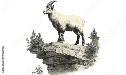 Vintage hand-drawn mountain goat engraving on cliff, monochrome wildlife sketch, retro etching style, wilderness decor, nature art print, rustic wall illustration