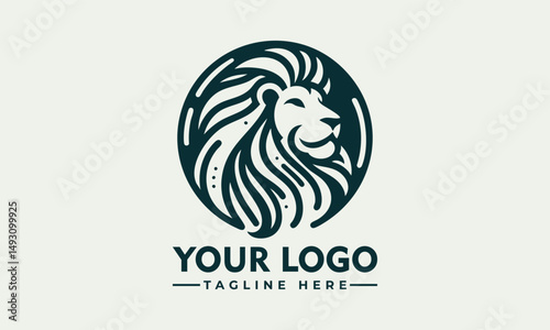 Stylized lion head with flowing mane enclosed in circular ornamental frame in detailed line design. Animal concept
