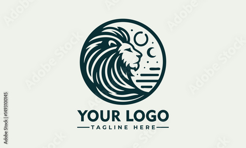 Stylized lion head with flowing mane enclosed in circular ornamental frame in detailed line design. Animal concept
