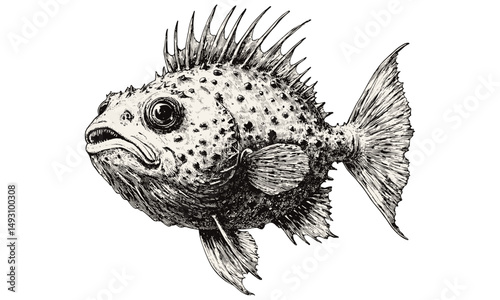 Hand-drawn vintage engraving of puffer fish, antique marine life sketch, monochrome sea creature illustration, retro ocean wildlife drawing, old style etching, classic nautical art, ocean fauna print