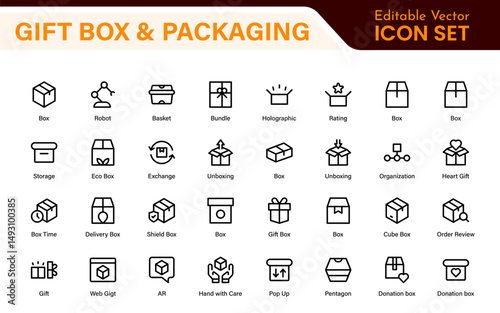 Elegantly Crafted Gift Box and Packaging Icon Set: Perfect for Celebrating Special Occasions, Events, and Holidays with High-Quality Icons that Enhance Branding, Digital Designs, and Print Media