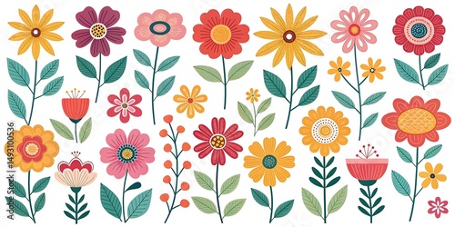 Bright folk art flowers, colorful garden style print, retro floral wallpaper