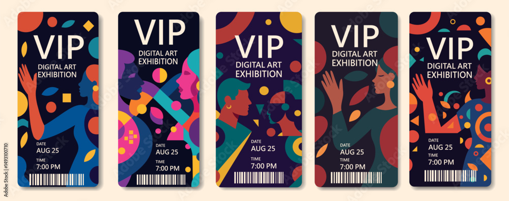 Fototapeta premium VIP tickets. Vector set abstract creative template for visiting exhibition of women's projects, movement for gender equality and empowerment, cultural ART events, fashion shows, social projects