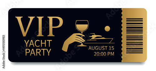 VIP yacht ticket with gold embossing and barcode. Vector luxury black ticket with logo, hand holding glass. Elegant design for events, concerts, exclusive parties and premium access