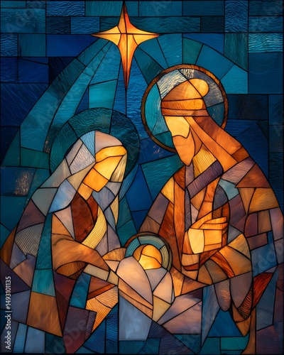 Mosaic Style Holy Family Nativity Stained Glass Window