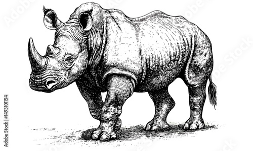 Vintage engraving of rhinoceros walking, hand-drawn safari mammal in monochrome, black sketch, old engraving style, trendy wildlife illustration, nature decor art, animal anatomy print