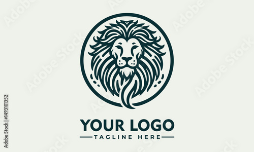 Stylized lion head with flowing mane enclosed in circular ornamental frame in detailed line design. Animal concept
