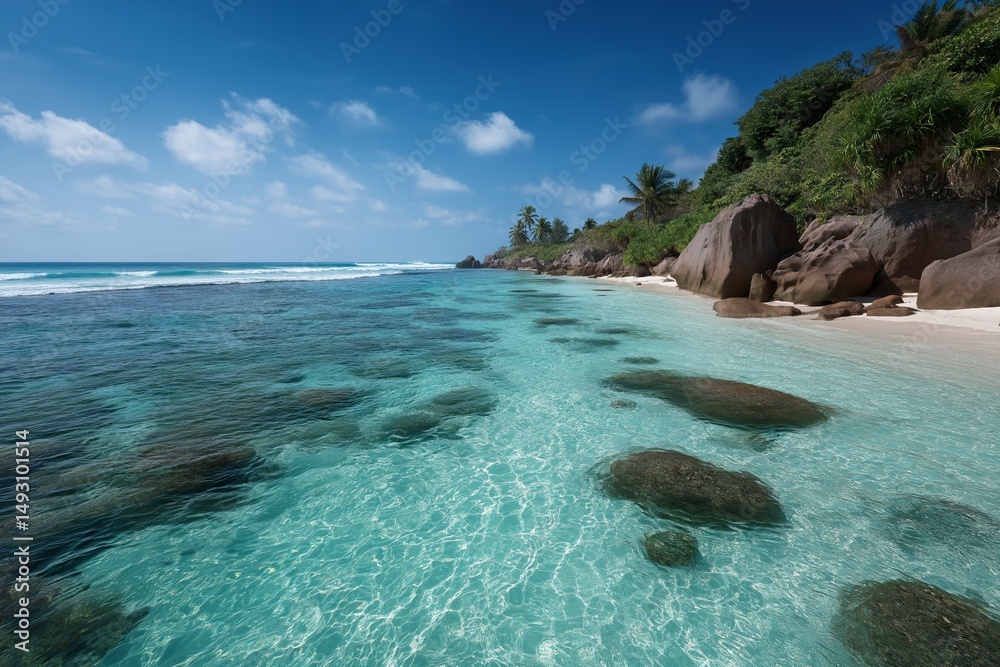 Fototapeta premium Crystal clear waters and rocky shoreline of tropical beach on sunny day