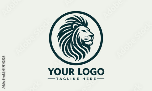 Stylized lion head with flowing mane enclosed in circular ornamental frame in detailed line design. Animal concept
