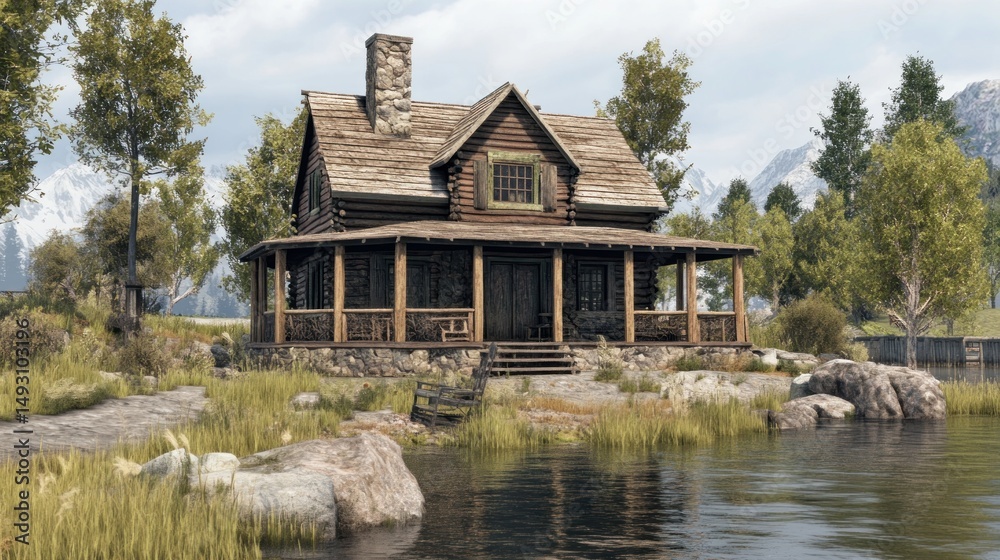 Obraz premium Rustic log cabin by a serene lake