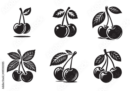 Cherry Fruit Silhouette Black Vector Set