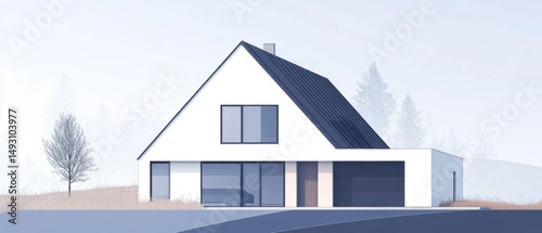 Modern minimalist house exterior design in rural setting, eye-level view of contemporary home with gable roof and clean lines, architectural illustration