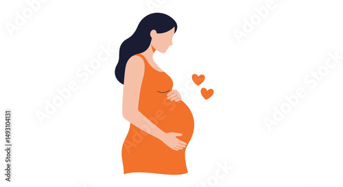 Pregnant woman touching her belly with love hearts in background  