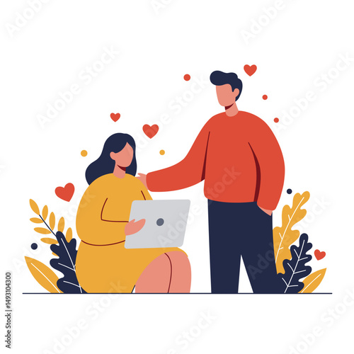 Young couple expressing love while using a laptop together  