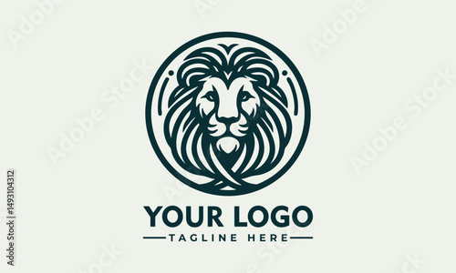 Stylized lion head with flowing mane enclosed in circular ornamental frame in detailed line design. Animal concept
