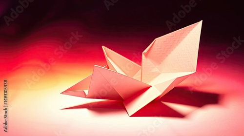 Origami paper art showcases creativity and precision with a red background
