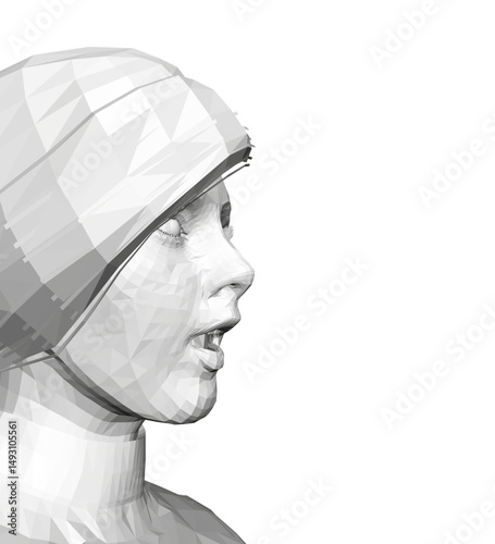 A woman with a mouth open. The woman's mouth is open wide, and her eyes are open. The image has a somewhat eerie and unsettling mood