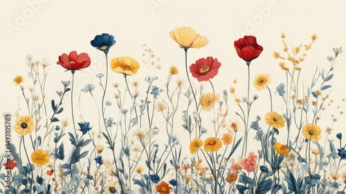 Watercolor Painting of Colorful Flowers in a Field, Delicate Floral Illustration, Botanical Art, Spring Meadow, Artistic Style