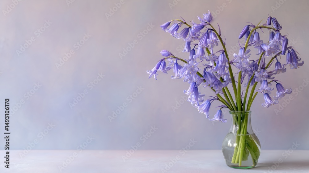 Obraz premium Delicate bluebells bloom gracefully in a clear glass vase against a soft pastel background.