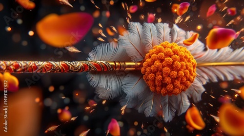 Colorful Arrow with Feather and Floral Elements Surrounded by Floating Petals and Dust