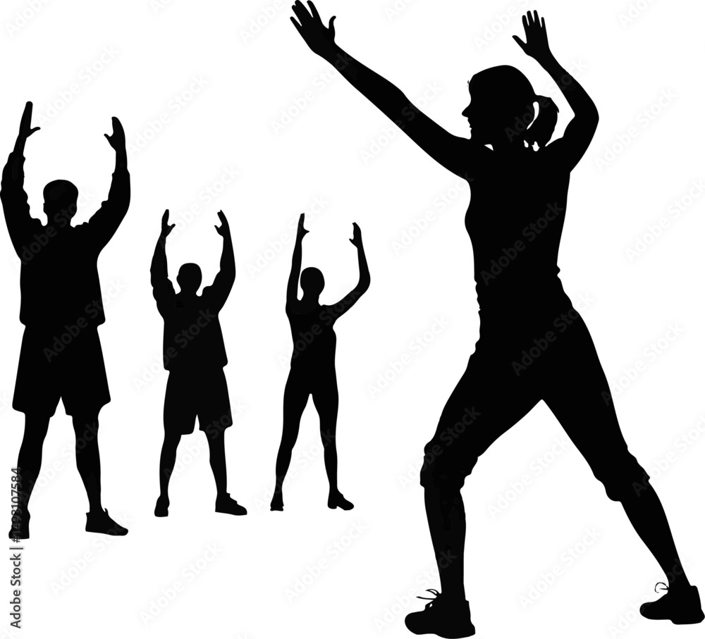 Fototapeta premium Group Exercise Silhouette Fitness Training Black and White