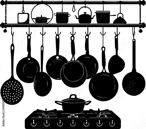 Kitchen Utensils Silhouette Hanging Rack Stove Black and White