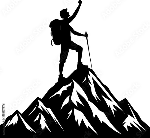 Mountain Climber Silhouette Summit Victory Achievement Black and White
