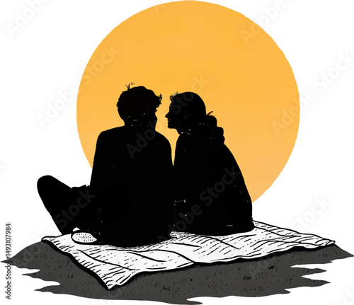 Couple Silhouette Sitting Sunset Love Romance Black and Orange