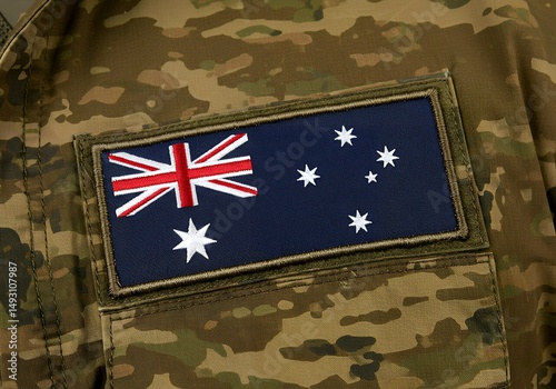 Australian Military Uniform Patch Close-up of the Australian Flag on a Camouflage Uniform