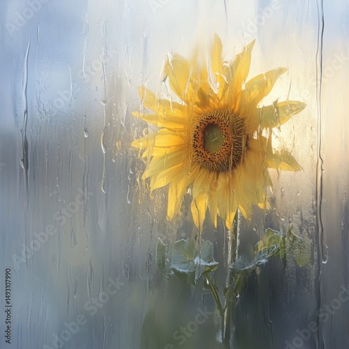 Sunflower on Rainy Day Close-up of Bloom Behind Wet Glass Abstract Impressionistic Style Indoor Studio Shot