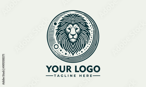 Stylized lion head with flowing mane enclosed in circular ornamental frame in detailed line design. Animal concept
