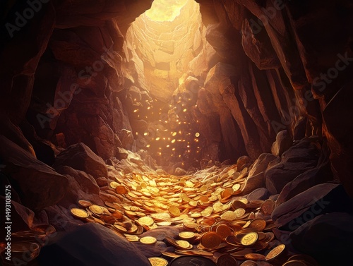 Treasure trove inside dark cave with golden coins and light shining from above adventure concept fantasy