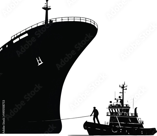 Tugboat Assisting Cargo Ship Silhouette Vector Illustration
