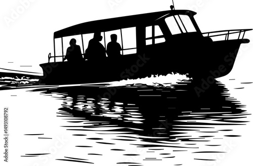 Pontoon Boat with Passengers Silhouette Vector Illustration