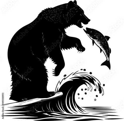 Grizzly Bear Catching Fish Silhouette