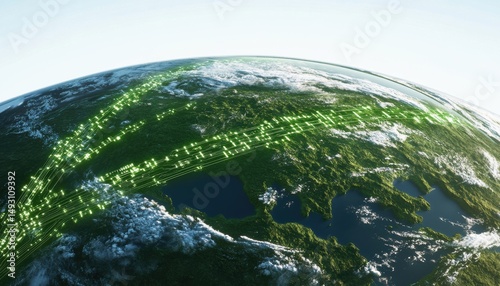 Dynamic circuit lines connecting global networks earth view digital art high-tech environment aerial perspective