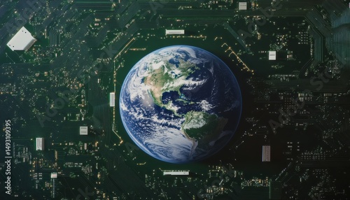 Dynamic circuit lines embracing earth silhouette technology concept digital art futuristic aerial view global connectivity