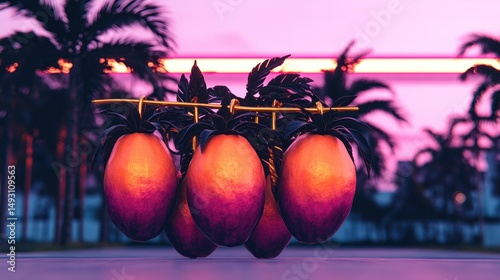 Vibrant and Unique Collection of Fresh Mangos Hanging Against a Stylish Sunset Background