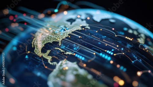Global digital circuit board showcasing abstract data lines over earth technology concept technology 3d visualization