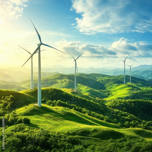 Wind Turbines Spinning on Rolling Green Hills at Sunset, Wide Angle View of Renewable Energy Landscape in Rural Area