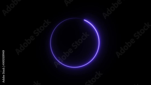 Blue neon glowing loading bar, progress download circle on black background.
