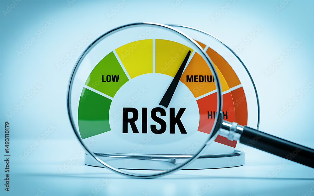 Fototapeta premium Risk level gauge showing low to high risk in business context with magnifying glass focus