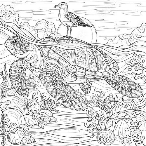 A turtle in the sea and a seagull on it.Coloring book antistress for children and adults.