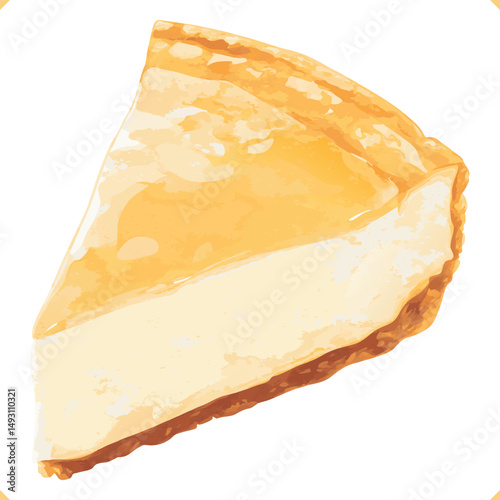 Vector illustration of a classic cheesecake slice with creamy texture and golden crust on white background. Vector illustration of dessert on white background