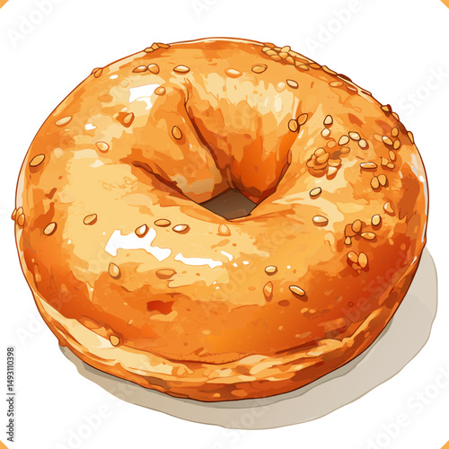 Vector illustration of a fresh single sesame bagel with golden crust, glossy texture, and realistic delicious appearance. Vector illustration of dessert on white background