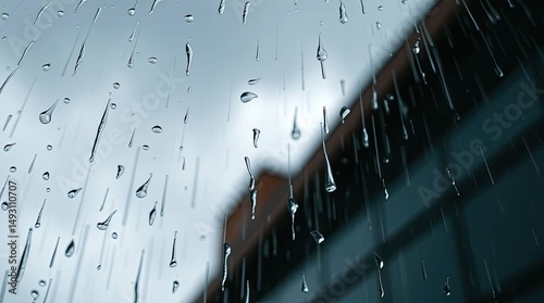 Raindrops on glass with blurred building background creating moody scene