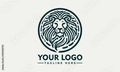 Stylized lion head with flowing mane enclosed in circular ornamental frame in detailed line design. Animal concept
