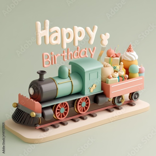 Cheerful train carrying birthday gifts and cake festive environment playful concept whimsical viewpoint
