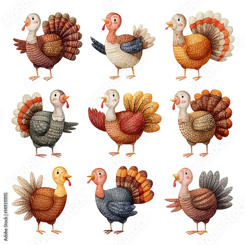 An illustration of nine cartoon turkeys, each in a unique pose and color palette, ready to celebrate the harvest season