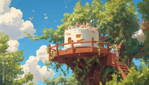 Treehouse birthday celebration enchanted forest cake party whimsical setting playful perspective joyful gathering